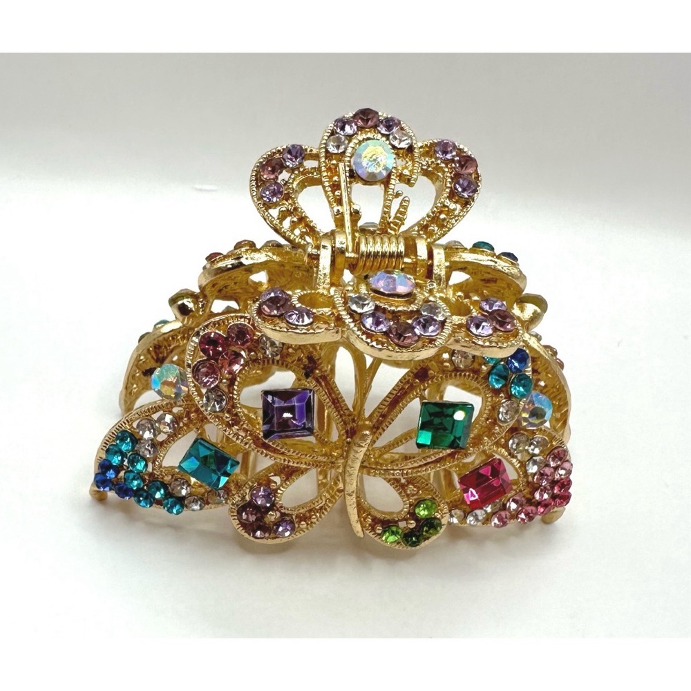 Gold-tone butterfly hair claw clip with multi-colored rhinestones